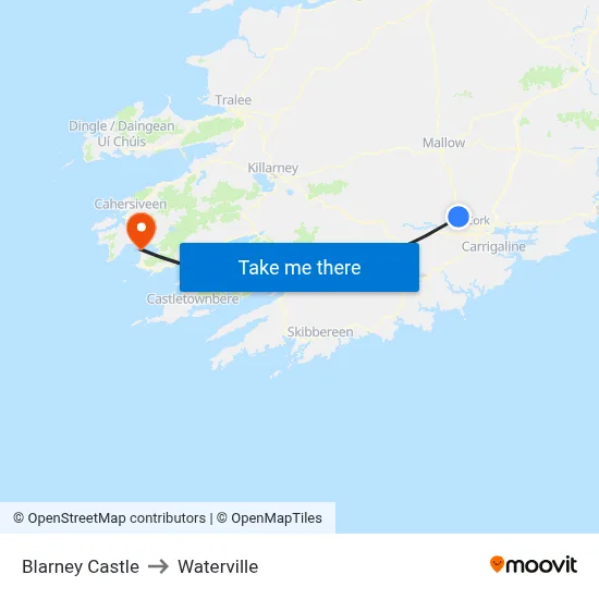 Blarney Castle to Waterville map