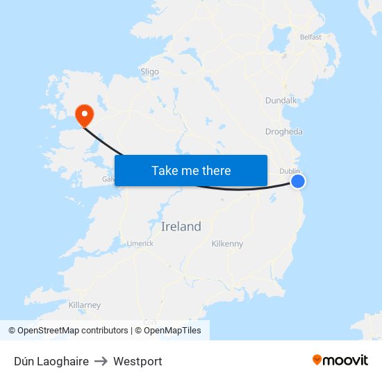 Dún Laoghaire to Westport map