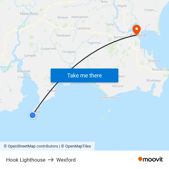 Hook Lighthouse to Wexford map