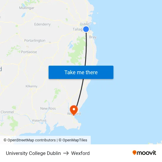 University College Dublin to Wexford map