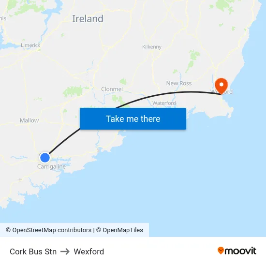 Cork Bus Stn to Wexford map