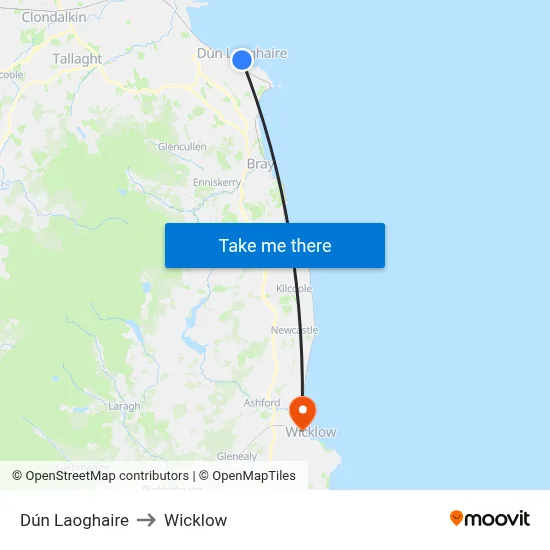 Dún Laoghaire to Wicklow map