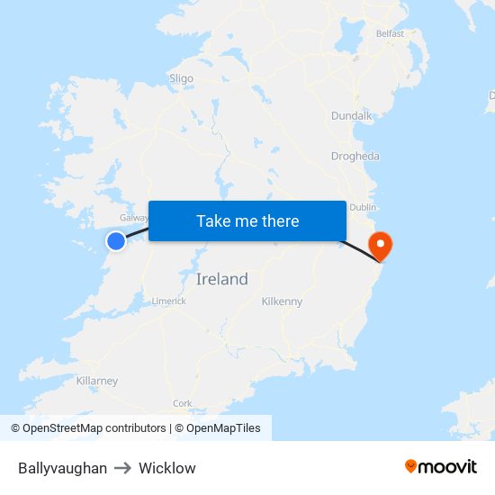 Ballyvaughan to Wicklow map