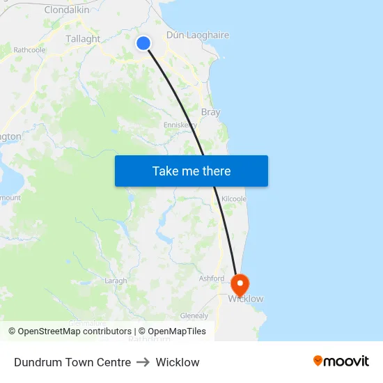 Dundrum Town Centre to Wicklow map