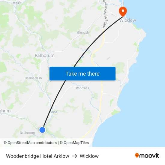 Woodenbridge Hotel Arklow to Wicklow map