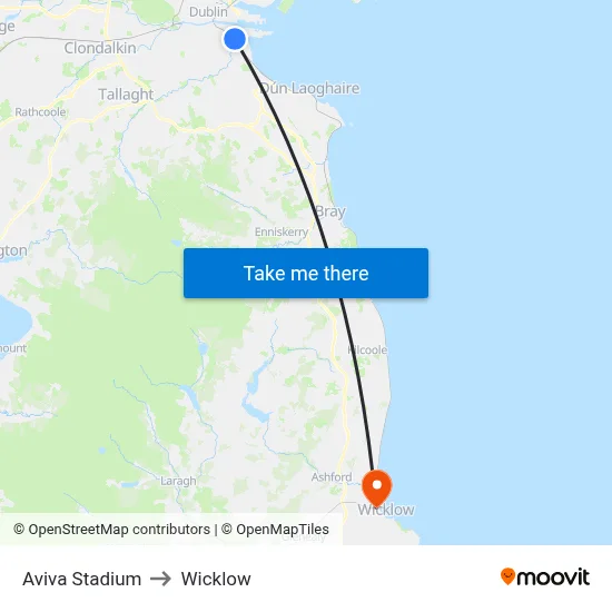 Aviva Stadium to Wicklow map