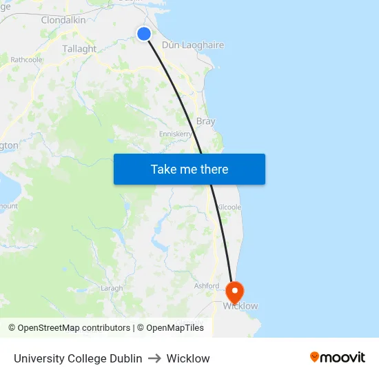 University College Dublin to Wicklow map