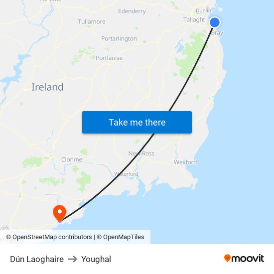 Dún Laoghaire to Youghal map