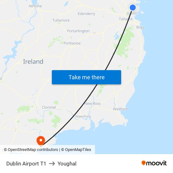 Dublin Airport T1 to Youghal map