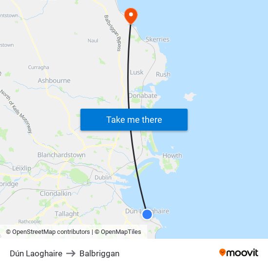 Dún Laoghaire to Balbriggan map