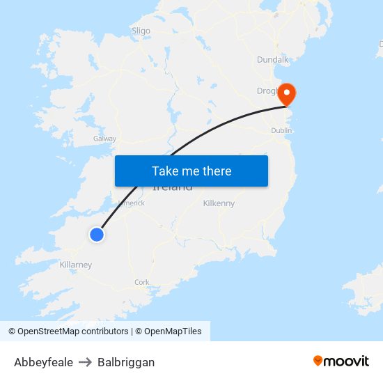 Abbeyfeale to Balbriggan map