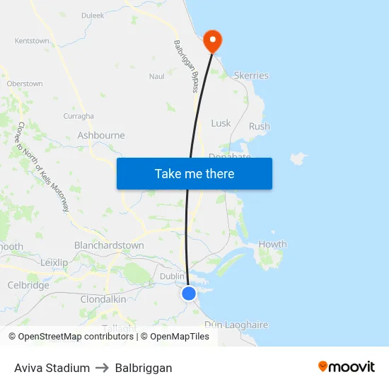 Aviva Stadium to Balbriggan map