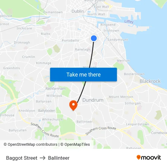 Baggot Street to Ballinteer map