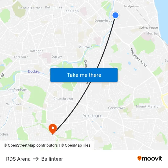 RDS Arena to Ballinteer map