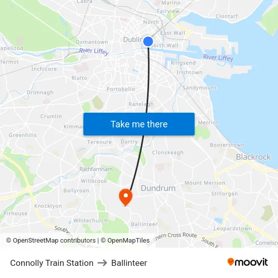 Connolly Train Station to Ballinteer map