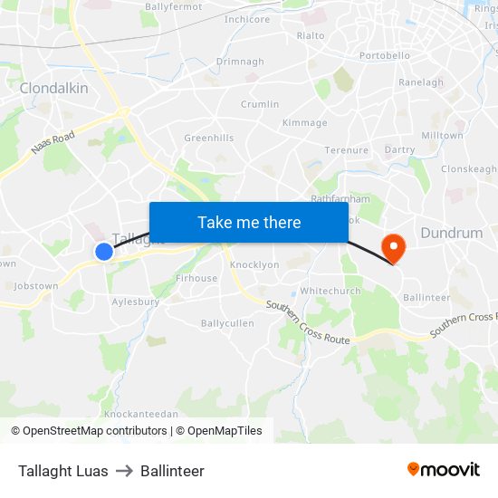 Tallaght Luas to Ballinteer map