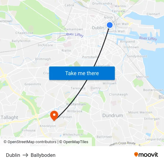 Dublin to Ballyboden map