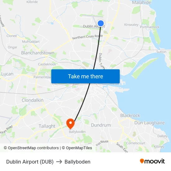 Dublin Airport (DUB) to Ballyboden map