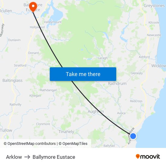 Arklow to Ballymore Eustace map