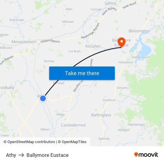 Athy to Ballymore Eustace map