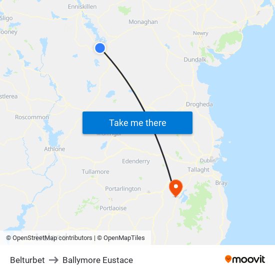 Belturbet to Ballymore Eustace map