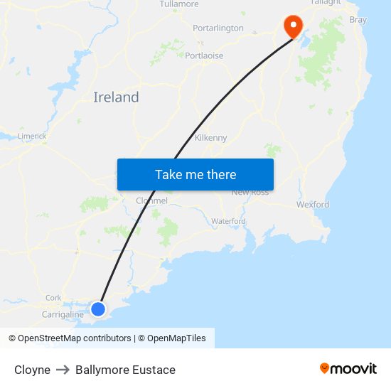 Cloyne to Ballymore Eustace map