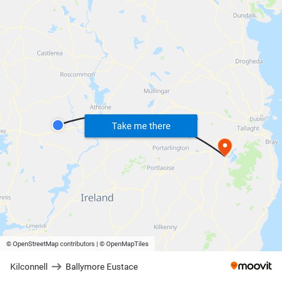 Kilconnell to Ballymore Eustace map