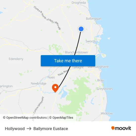 Hollywood to Ballymore Eustace map