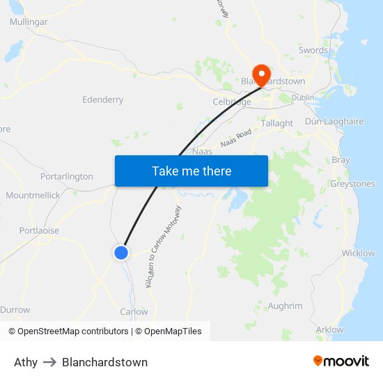 Athy to Blanchardstown map