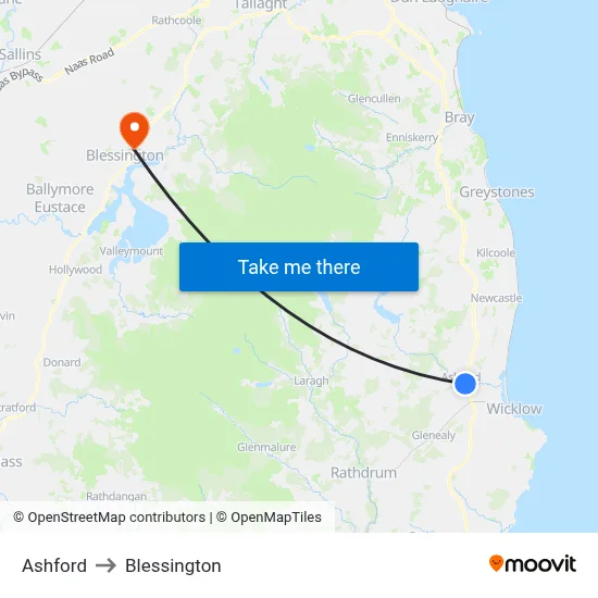 Ashford to Blessington map