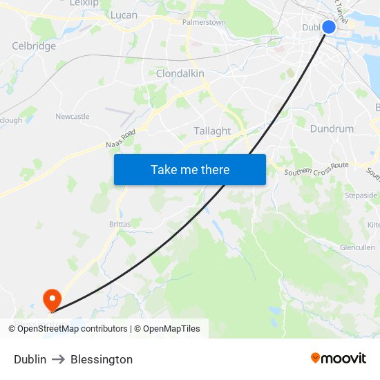 Dublin to Blessington map