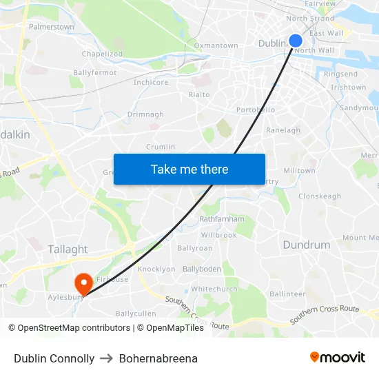 Dublin Connolly to Bohernabreena map