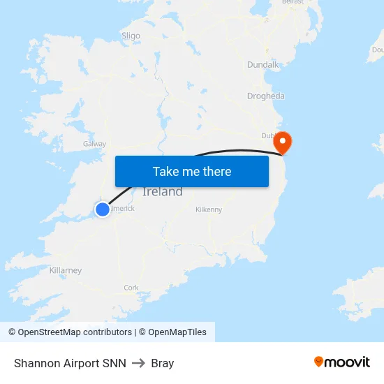 Shannon Airport SNN to Bray map
