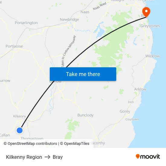 Kilkenny Region to Bray map