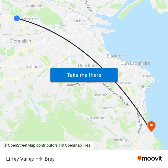 Liffey Valley to Bray map