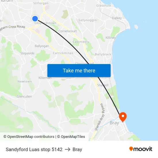 Sandyford Luas stop 5142 to Bray map