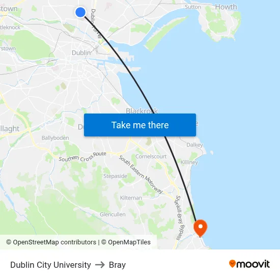 Dublin City University to Bray map