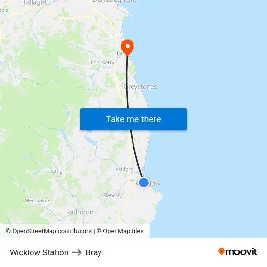 Wicklow Station to Bray map