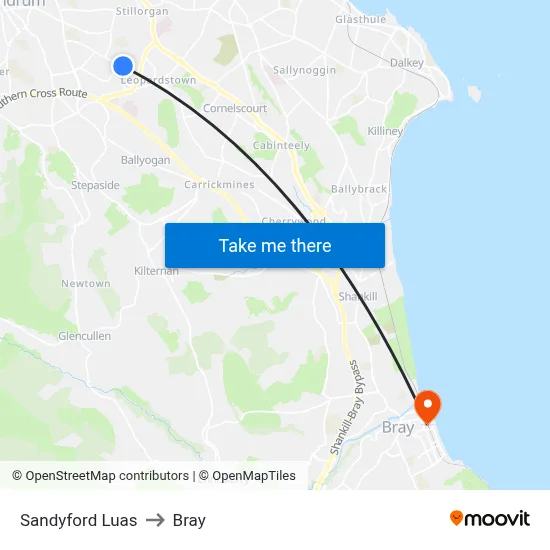 Sandyford Luas to Bray map