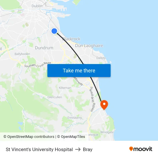 St Vincent's University Hospital to Bray map
