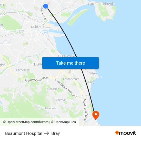 Beaumont Hospital to Bray map