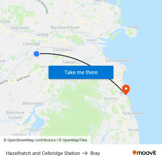 Hazelhatch and Celbridge Station to Bray map
