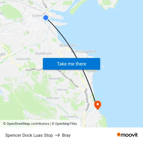 Spencer Dock Luas Stop to Bray map