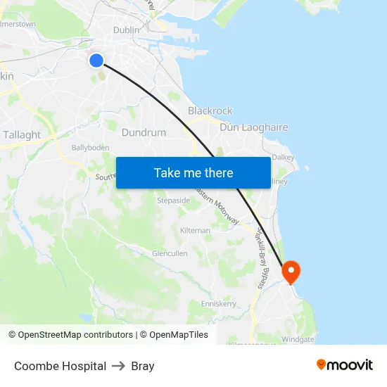 Coombe Hospital to Bray map