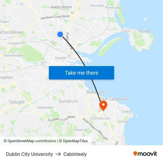 Dublin City University to Cabinteely map