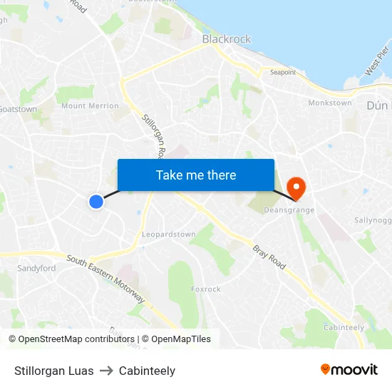 Stillorgan Luas to Cabinteely map