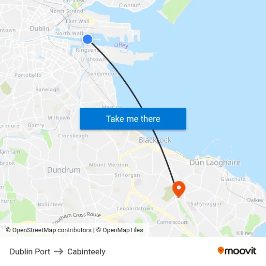 Dublin Port to Cabinteely map