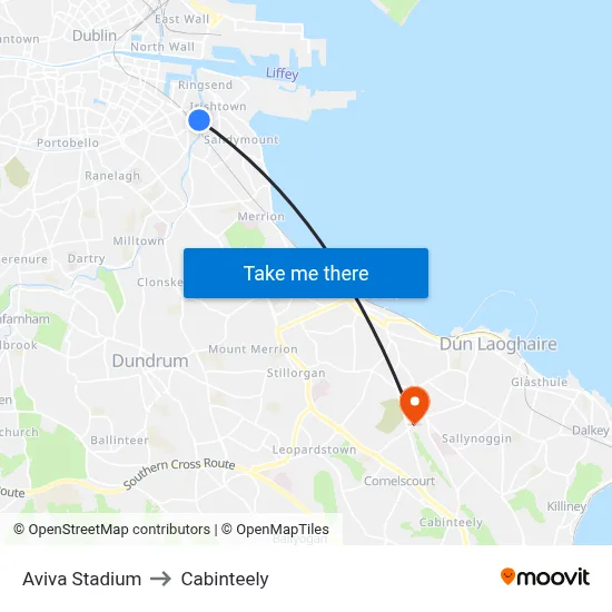 Aviva Stadium to Cabinteely map