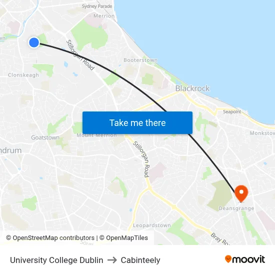 University College Dublin to Cabinteely map