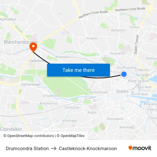 Drumcondra Station to Castleknock-Knockmaroon map